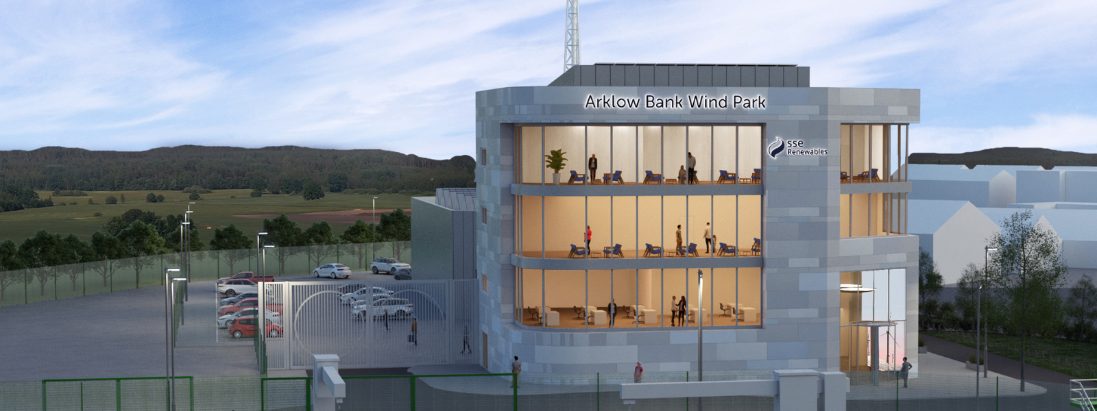 A render of the Arklow Bank Wind Park Operations & Maintenance facility from the front.