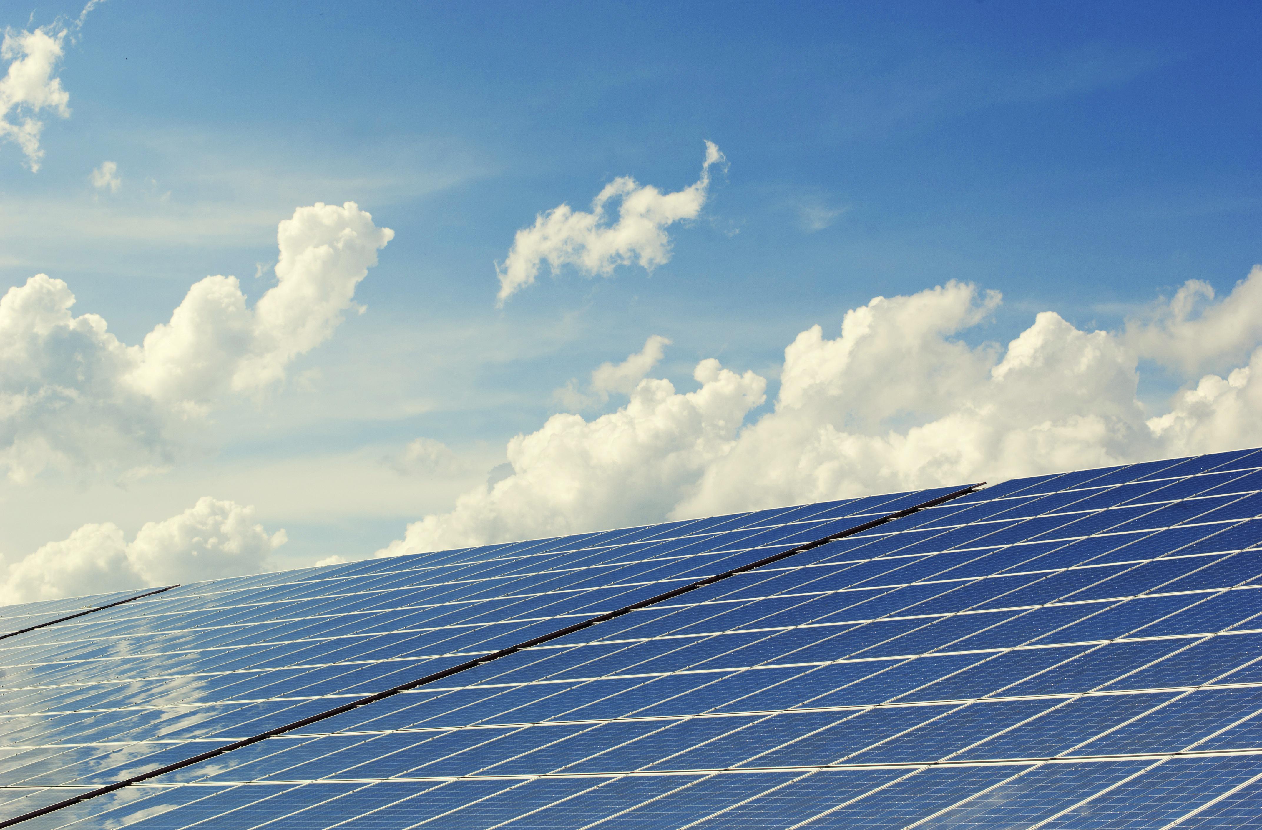 solar farm with blue sky back drop