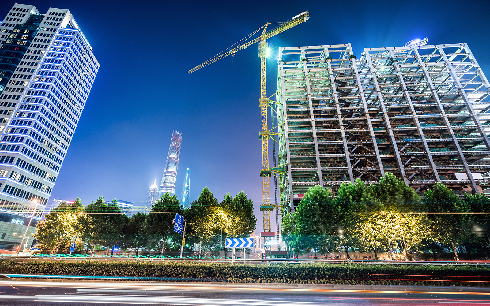 Night view of a construction site