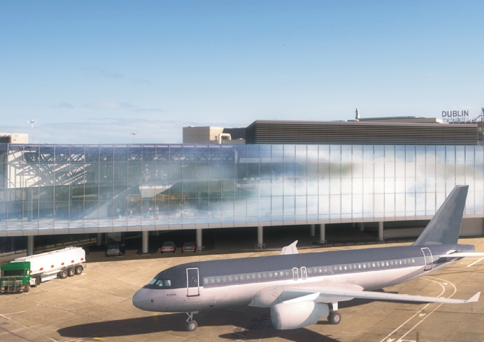 CGI of airplane parked outside of glass airport terminal