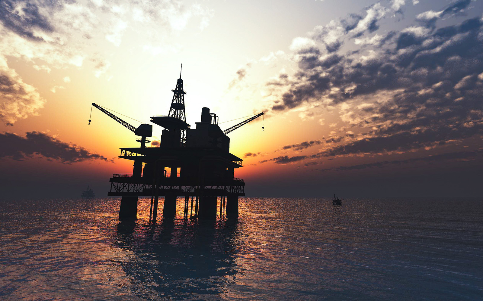 Oil rig at sunset in the North Sea