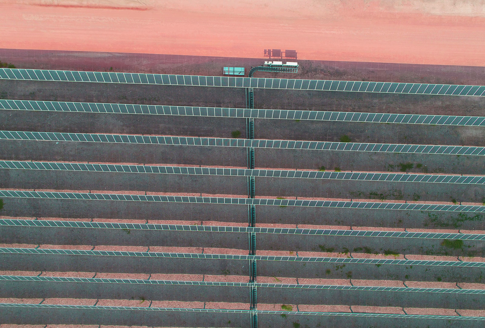 Top Down View Of Desert Solar Farm Installation