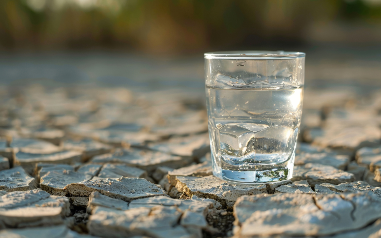 A glass of water sitting on a drought affected landed with cracked soil demonstrates the precarious nature of the precious resource. 